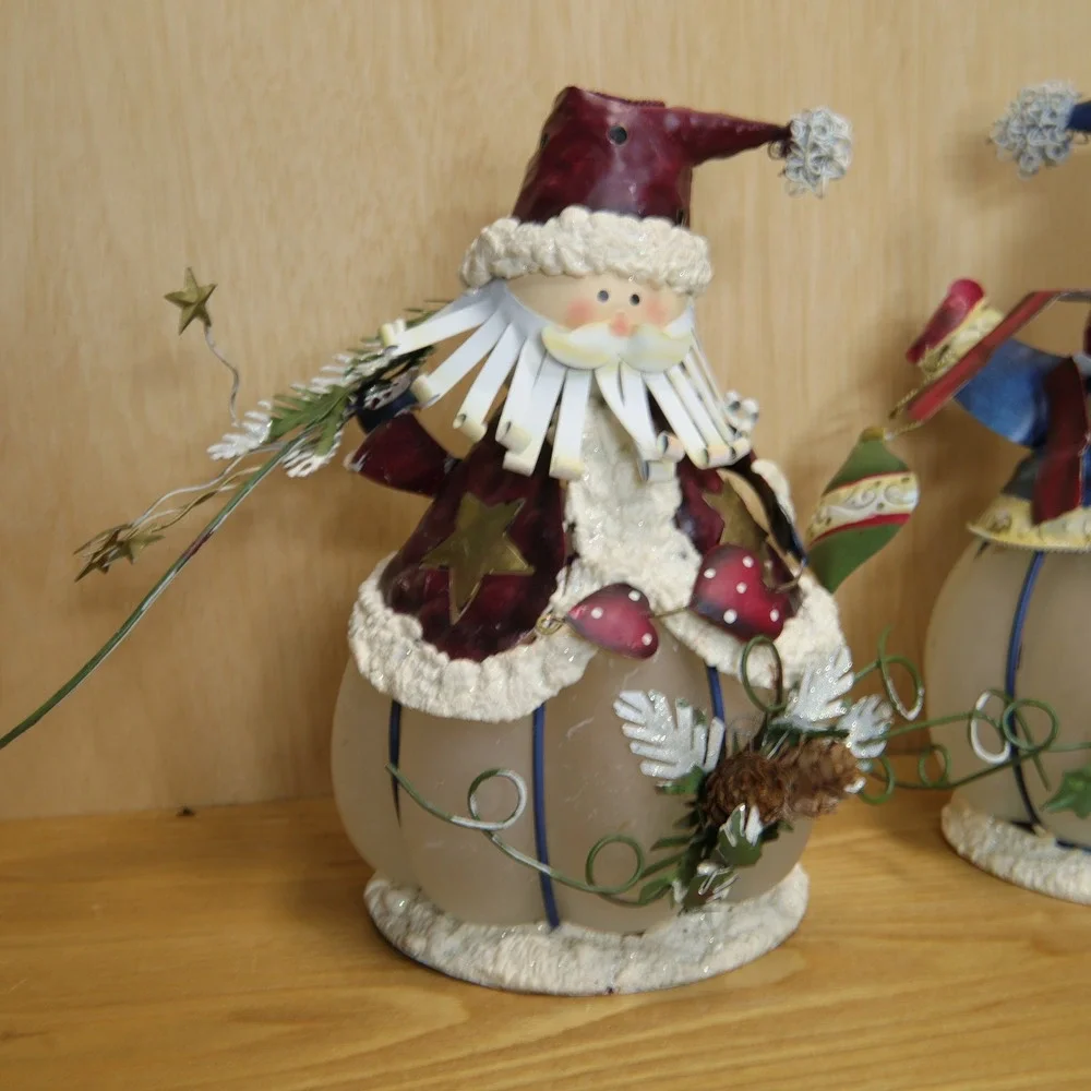 Vtg Metal & Frosted Glass Santa and Snowman Tea Light Holders Christmas Set of 2